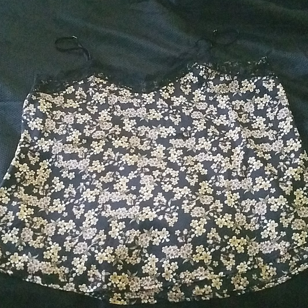 Black floral silky wild fable tank with lace